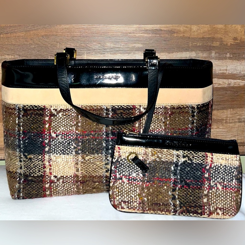 Burberry Handtasche Wolle Beige Authentic Tweed Tote and Pouch Set with Dust Bag - Picture 2 of 16